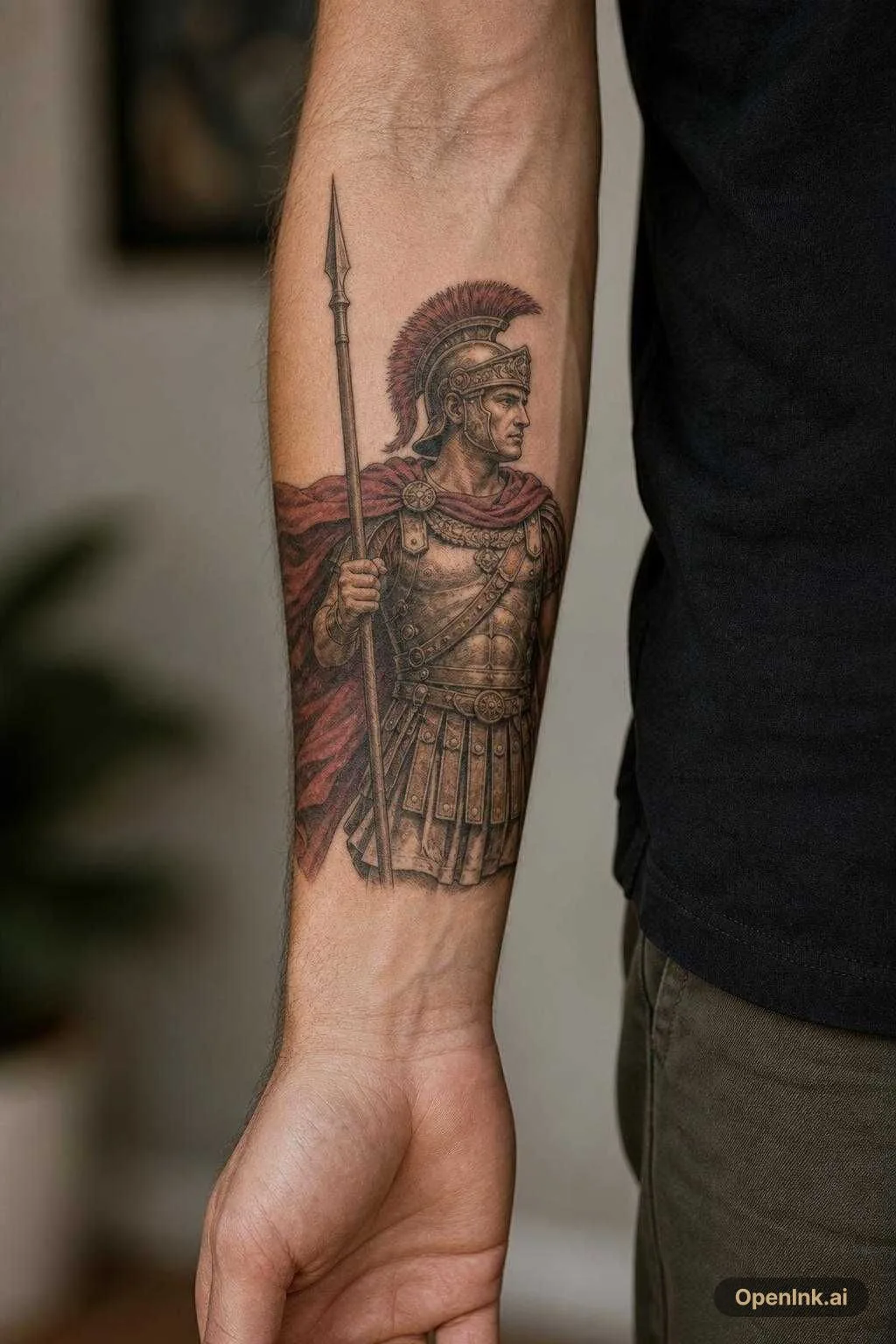 A Roman Centurian from the waist up, holding a spear in his right hand, h...