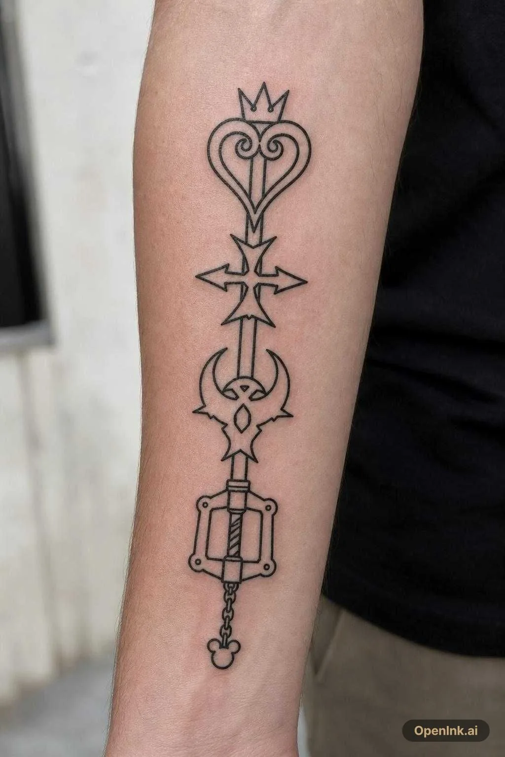 Heartless, Nobody and Unversed emblems intertwined vertically on a keyblade