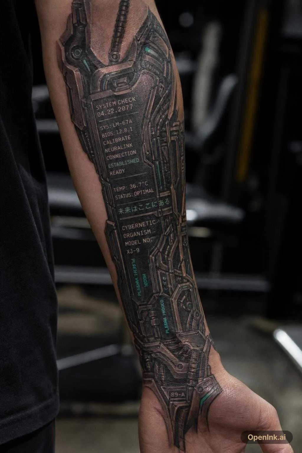 A gauntlet on my left arm. with multiple lines of text written in straigh...