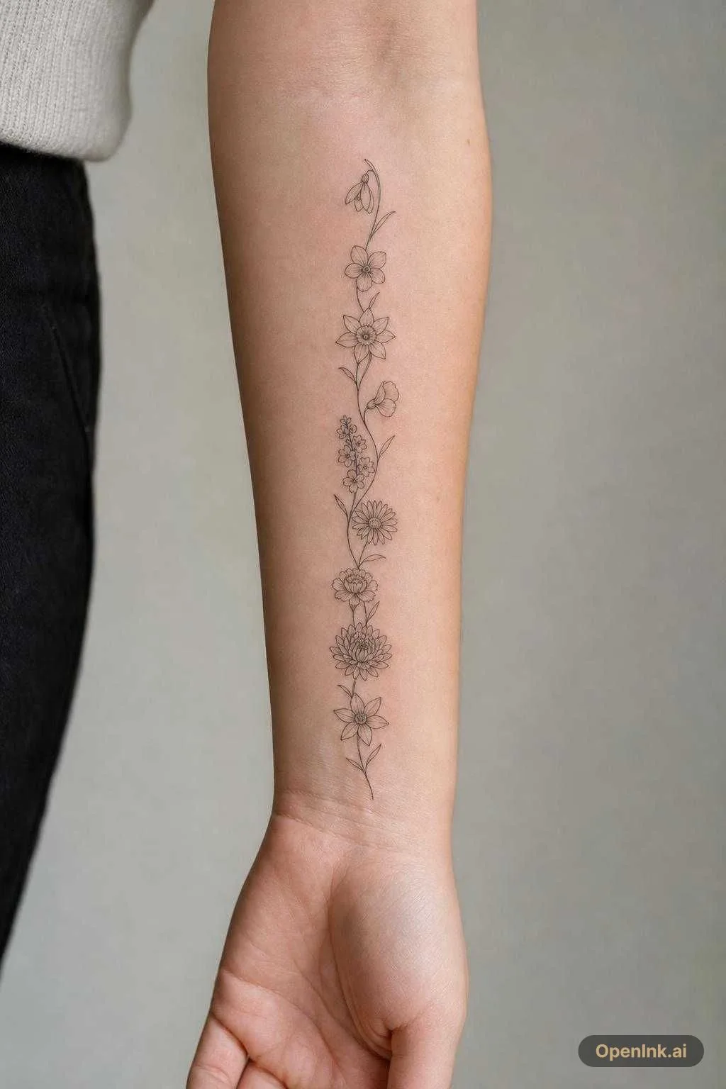 Birth flowers on my forearm connected by a vine in black and grey minimal...
