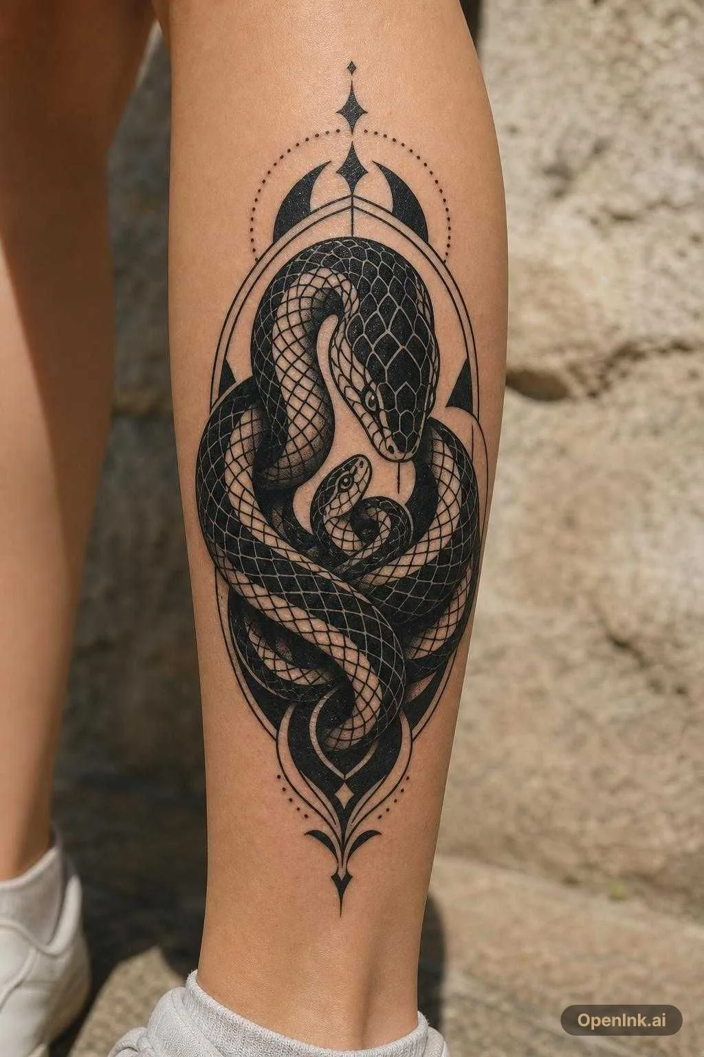 Tattoo sketch, mother snake protects baby snake, fine line style, minimal...