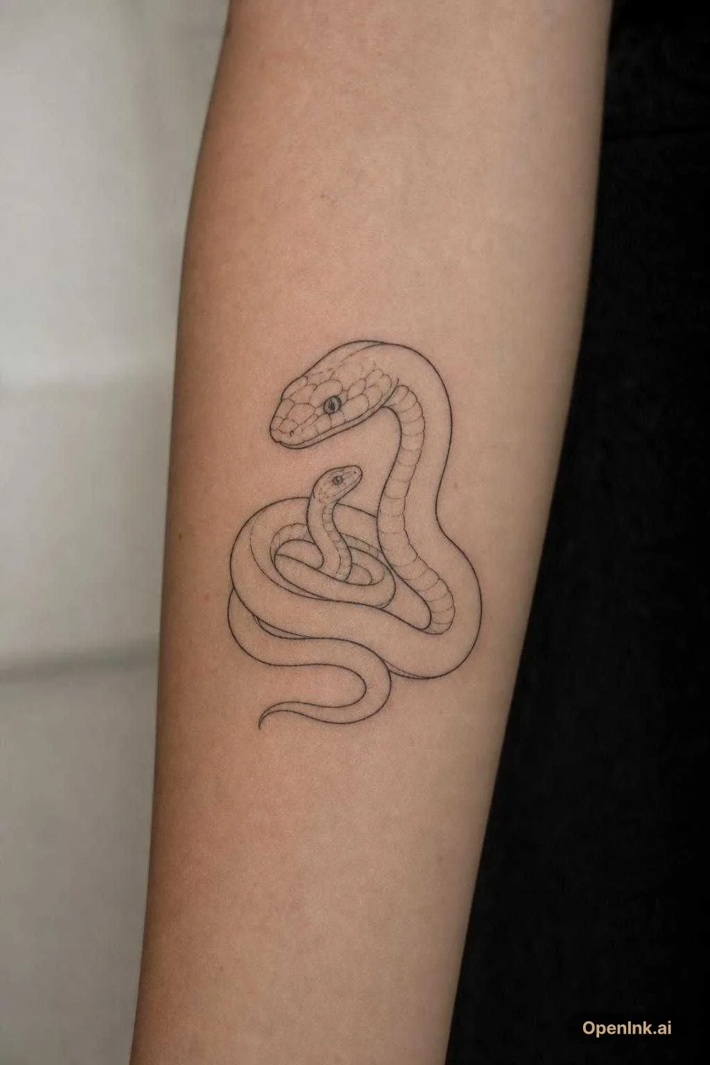 «Tattoo sketch, mother snake protects baby snake, fine line style, minima...