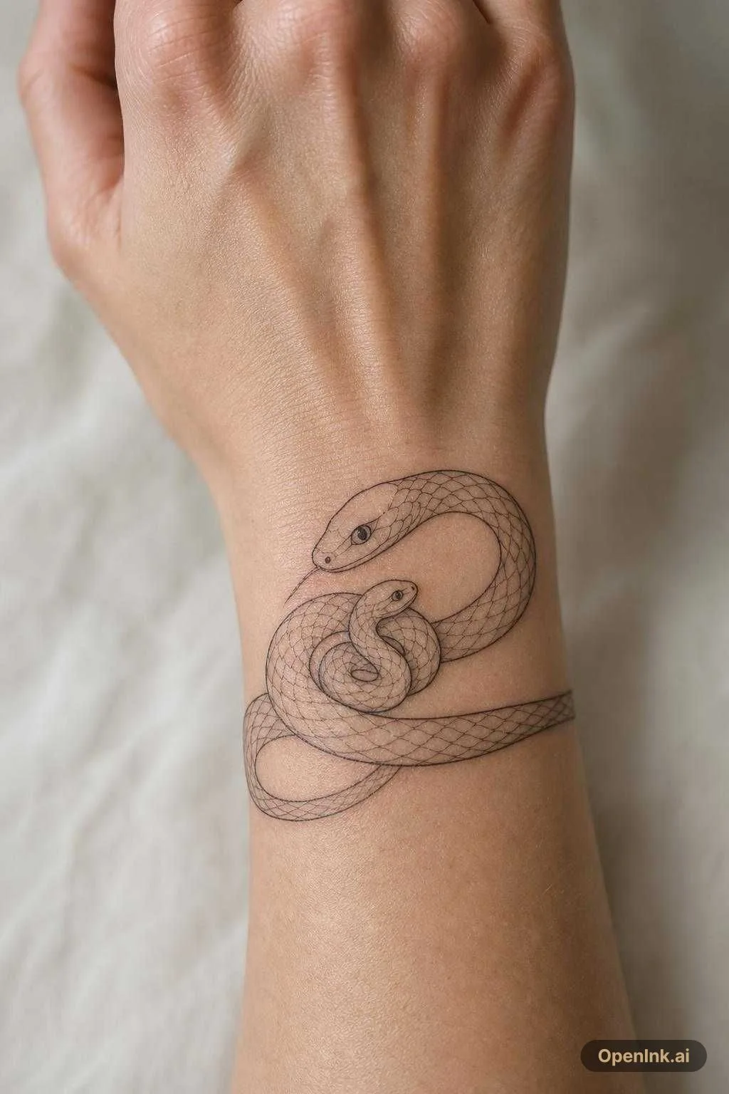 Tattoo sketch, mother snake protects baby snake, fine line style, minimal...