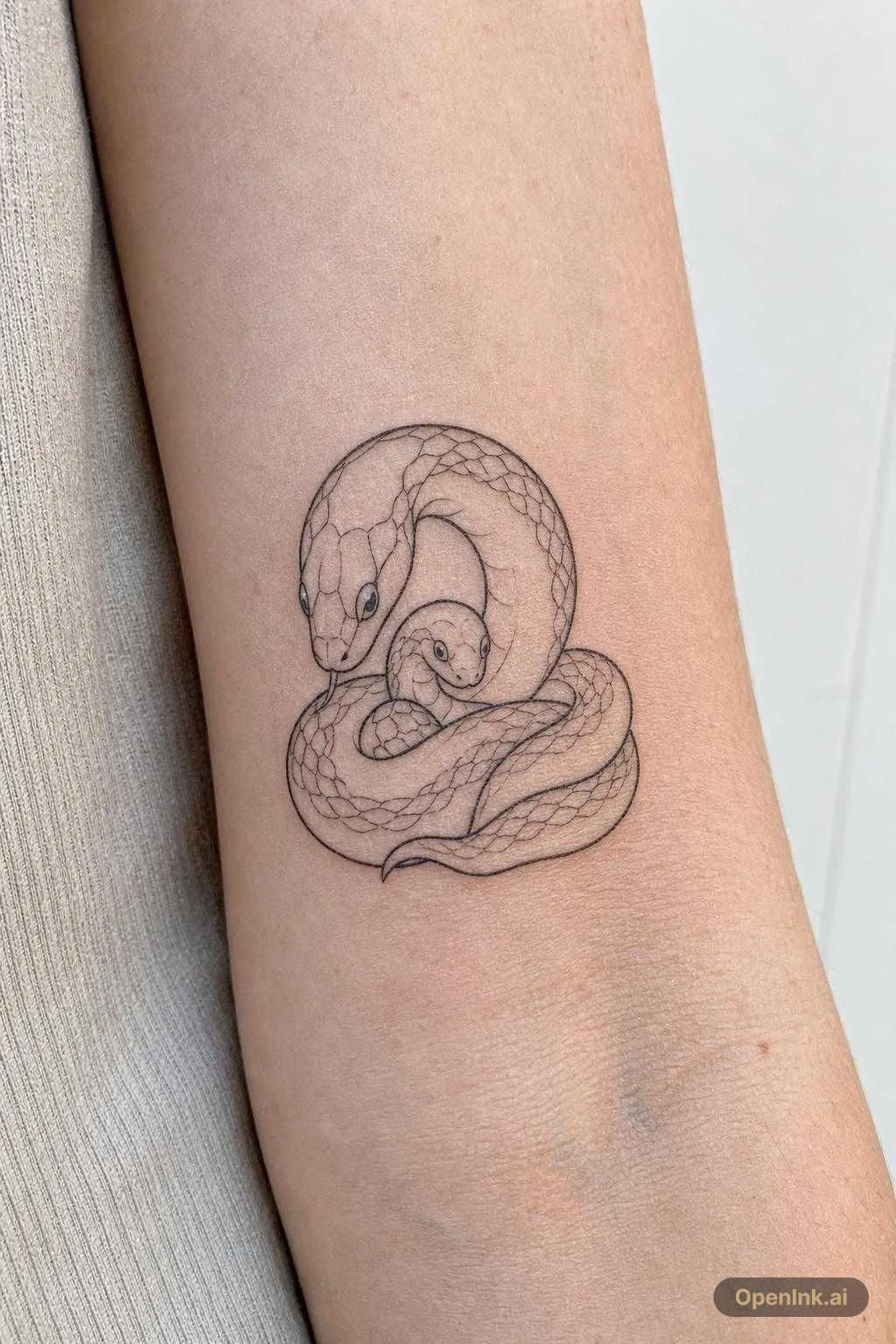 «Tattoo sketch, mother snake protects baby snake, fine line style, minima...
