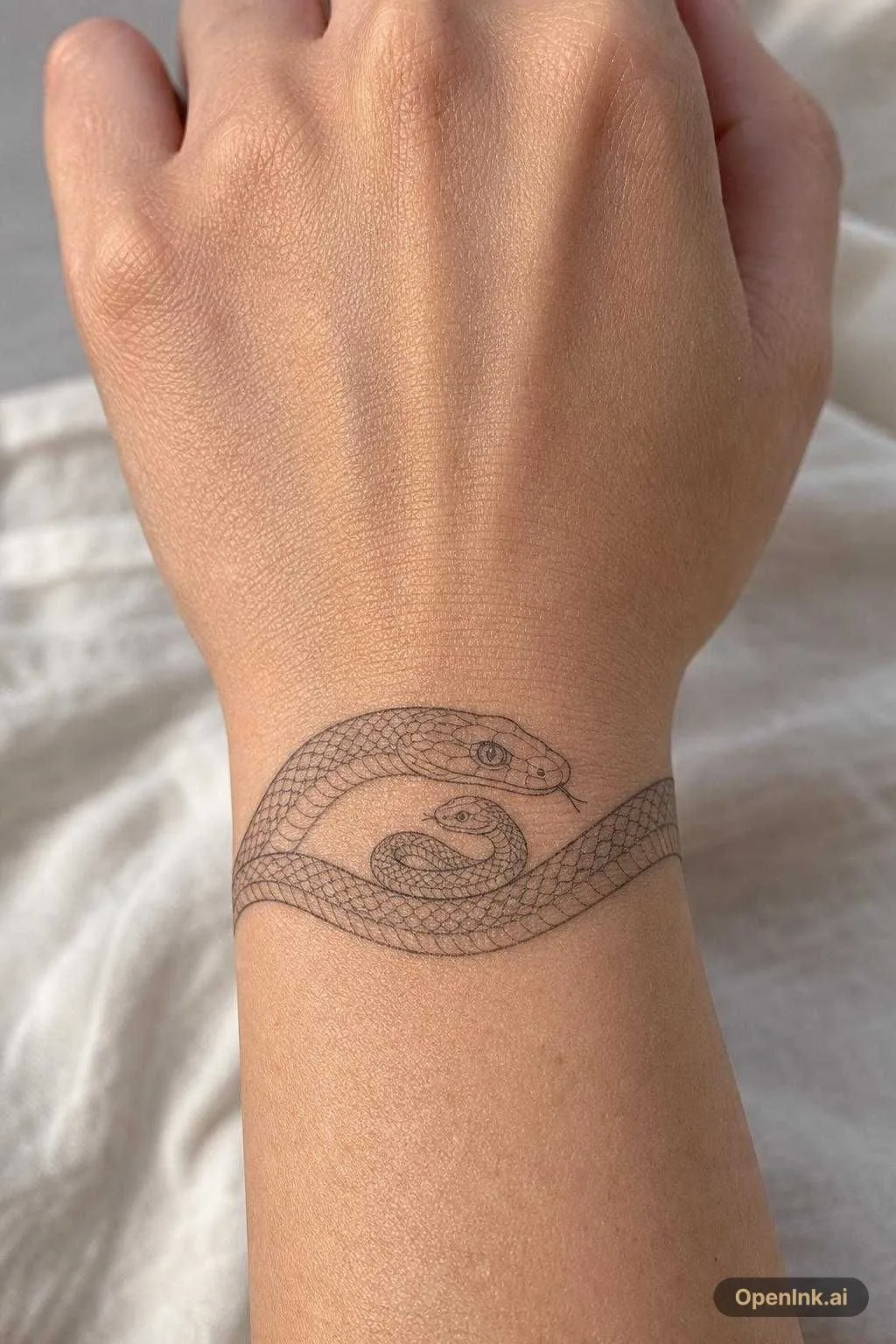 Tattoo sketch, mother snake protects baby snake, fine line style, minimal...