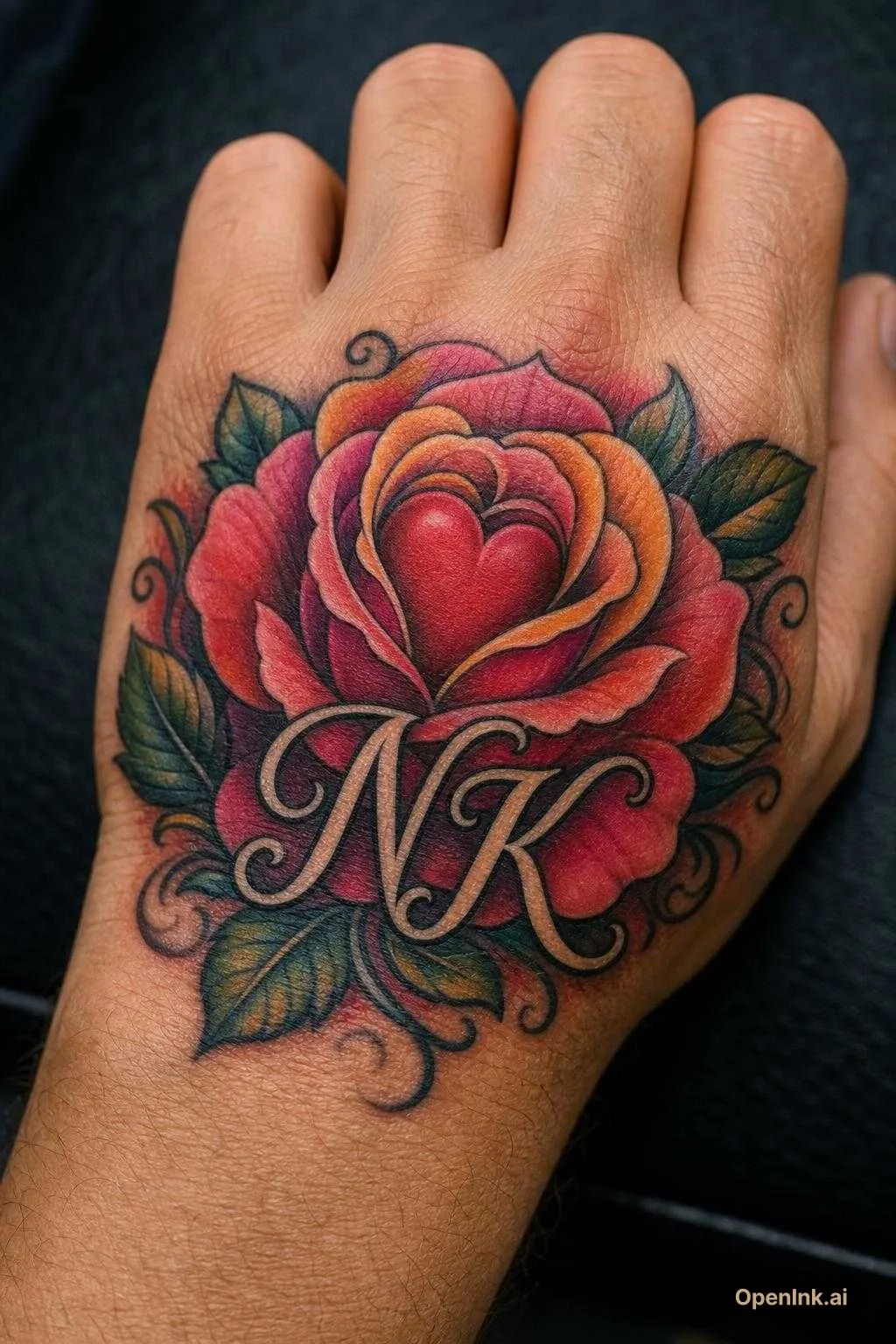 NK tattoo with the rose around and heart on the middle also I want it col...