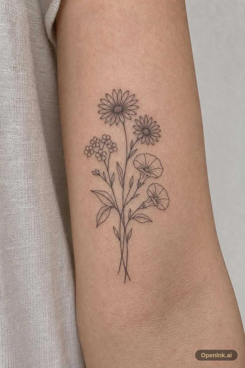 en enkel buket med asters, forglemmigej og morning glory