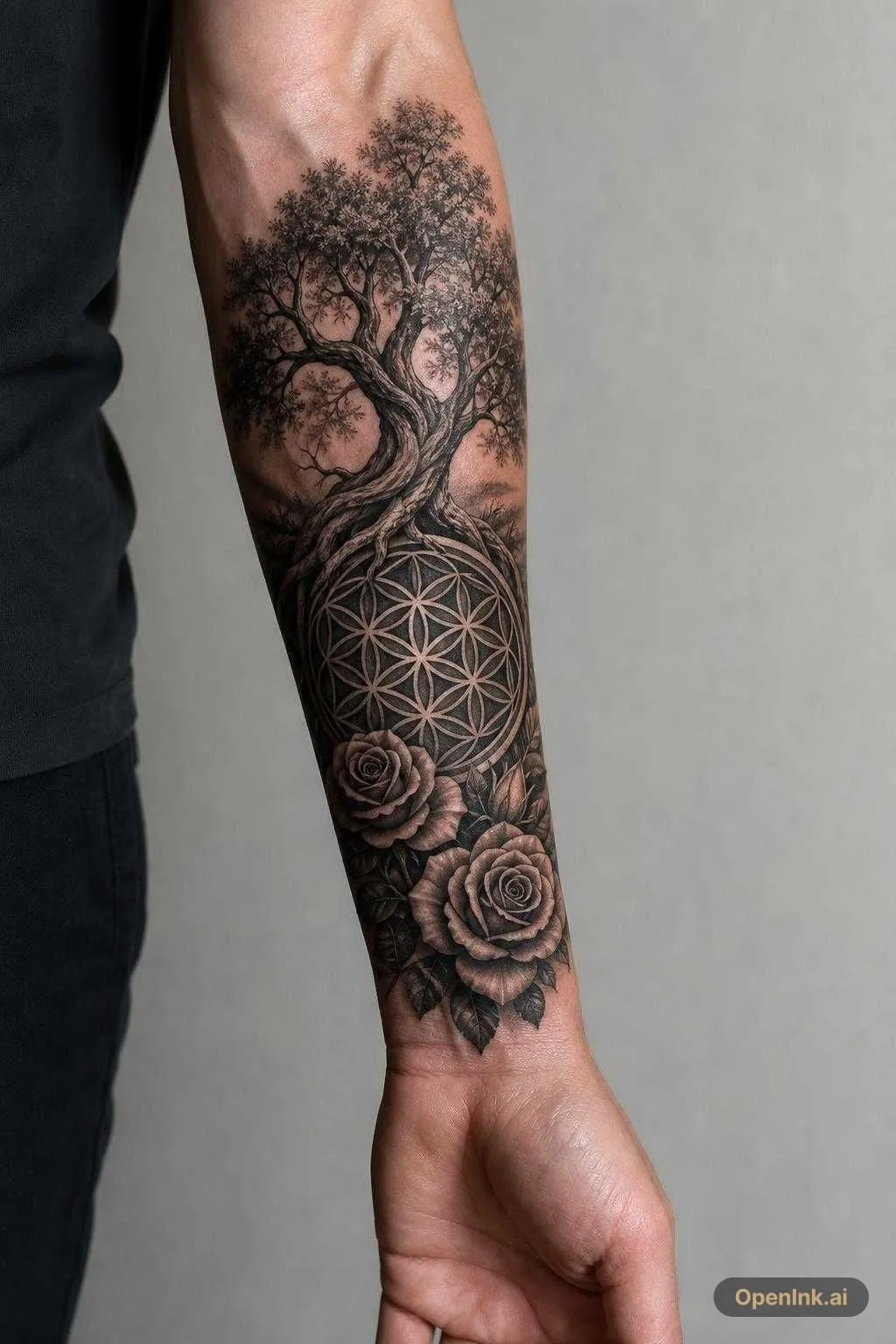 Tree of life with circle flower of life with roses