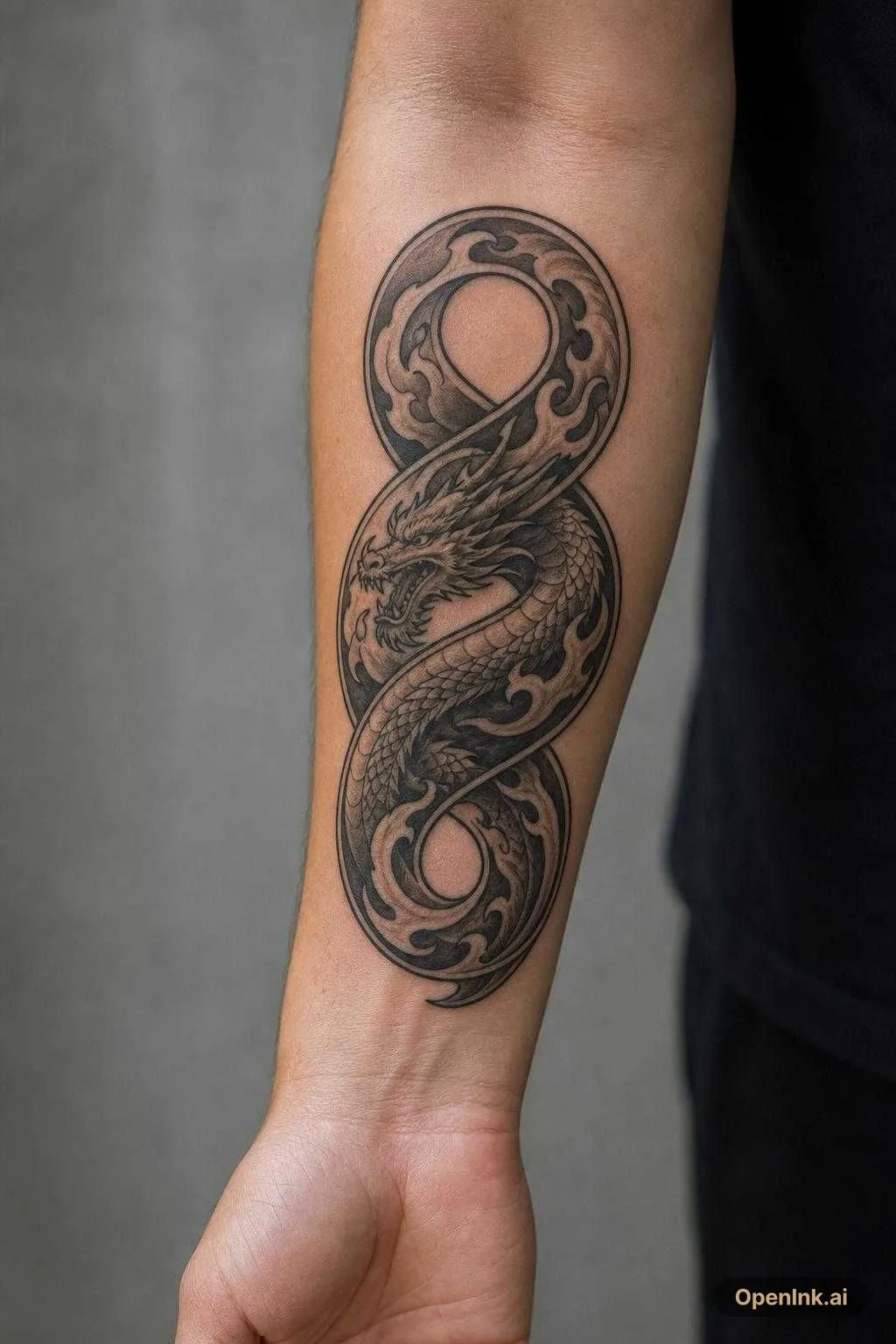 Maori pikorua shape of tattoo, but with dragon and flames in it, black an...