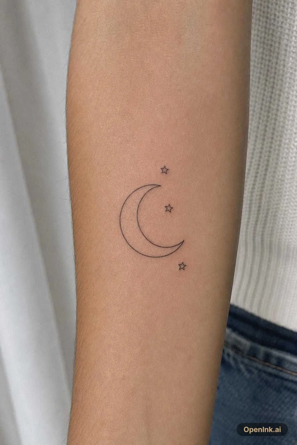 Minimal black linework crescent moon with three small stars, centered tat...