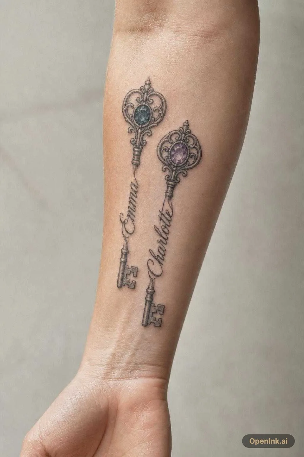 2 skeleton keys with a jewel on the end and my kids names as the long off...