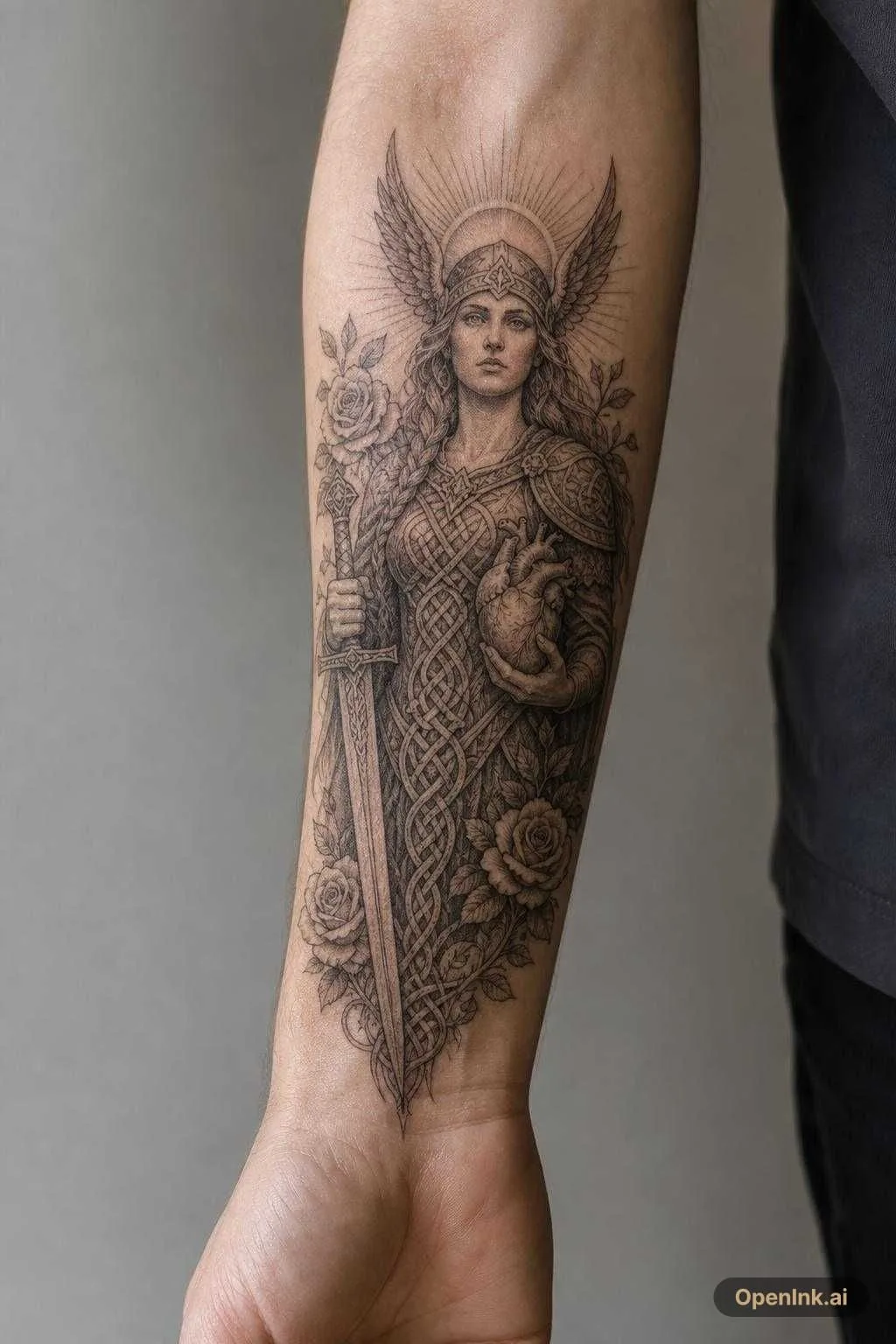 A Valkyrie half lady with roses, holding a blade in one hand and a heart...