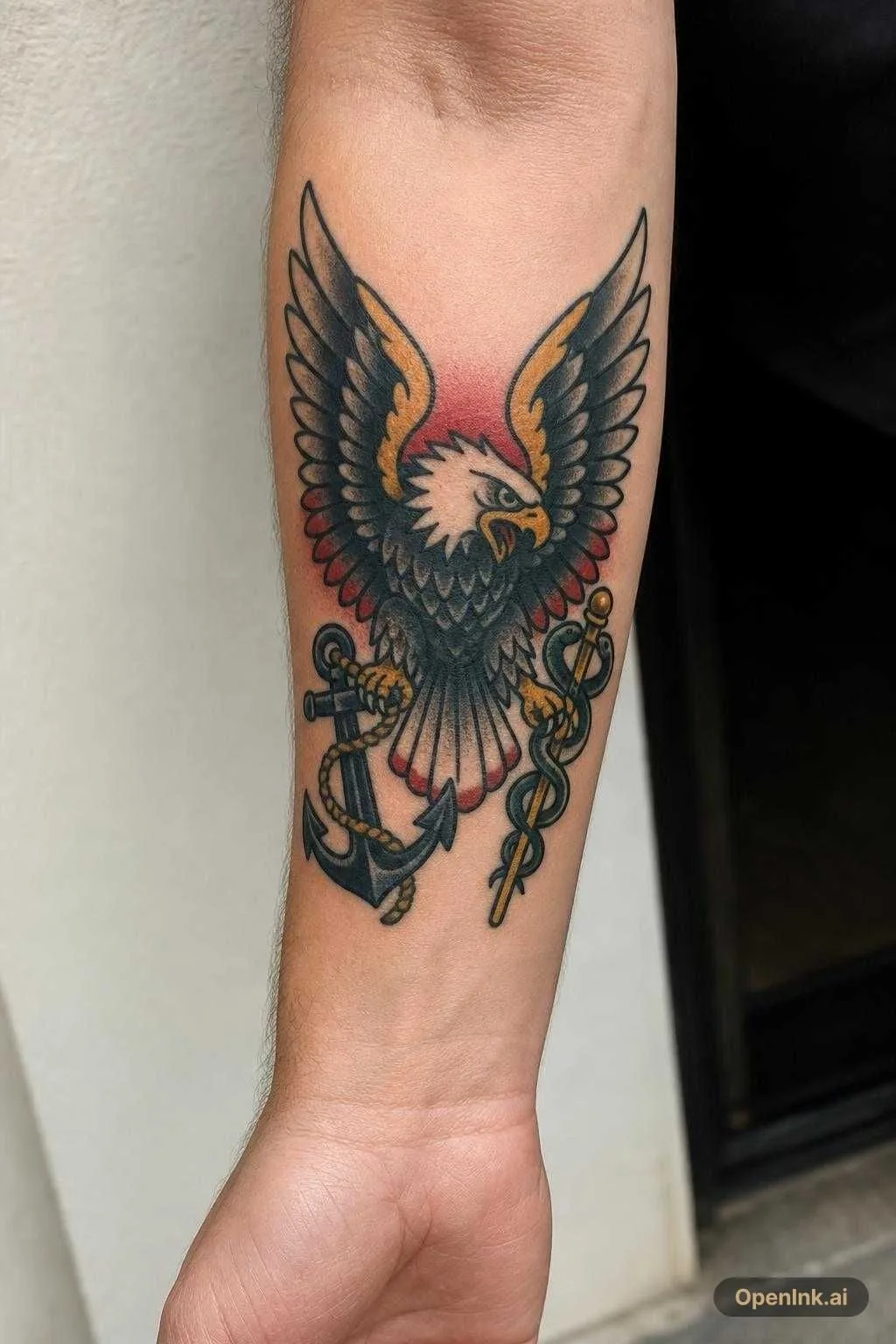 Eagle with navy anchor in one talon and nursing staff in the other