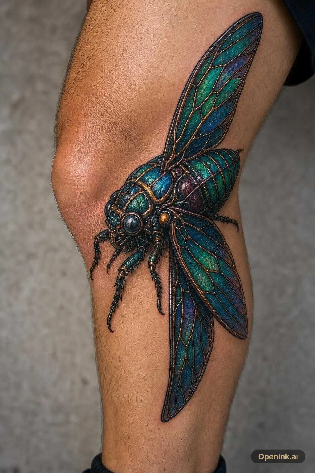 Original male tattoo design viewed from the OUTER LATERAL SIDE OF THE KNE...