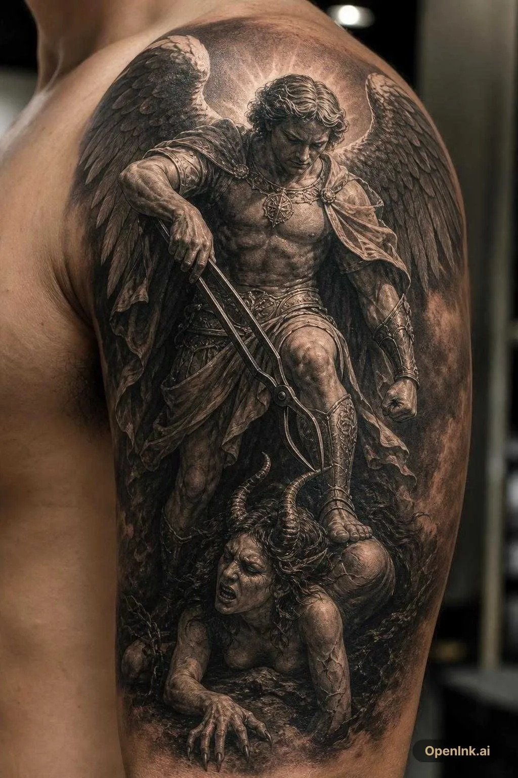 Tattoo sitle realistico con forti contrasti di chiaro sucro , raffigurant...