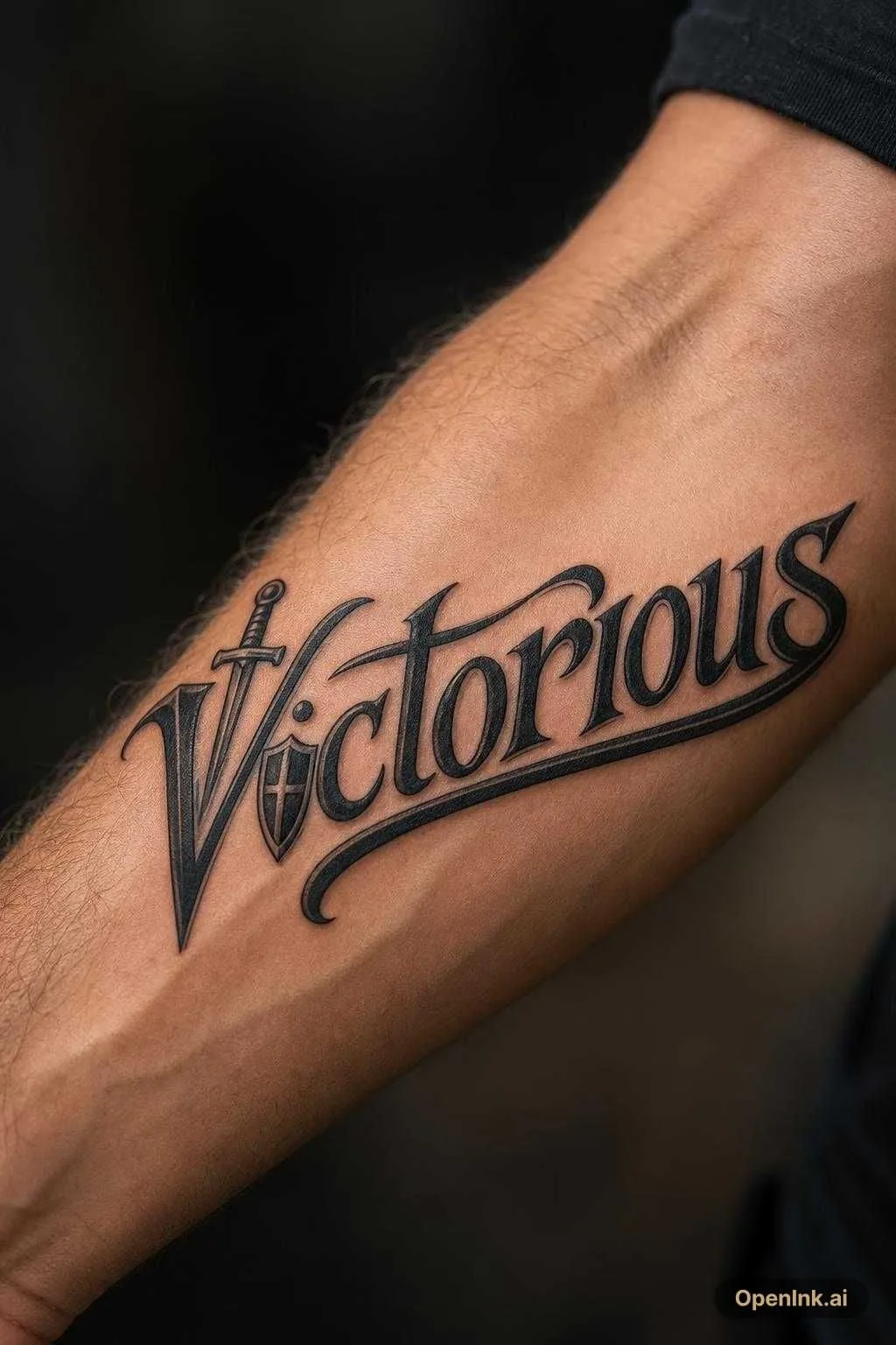 The text is Victorious but the t should be a sword and the o next to the...