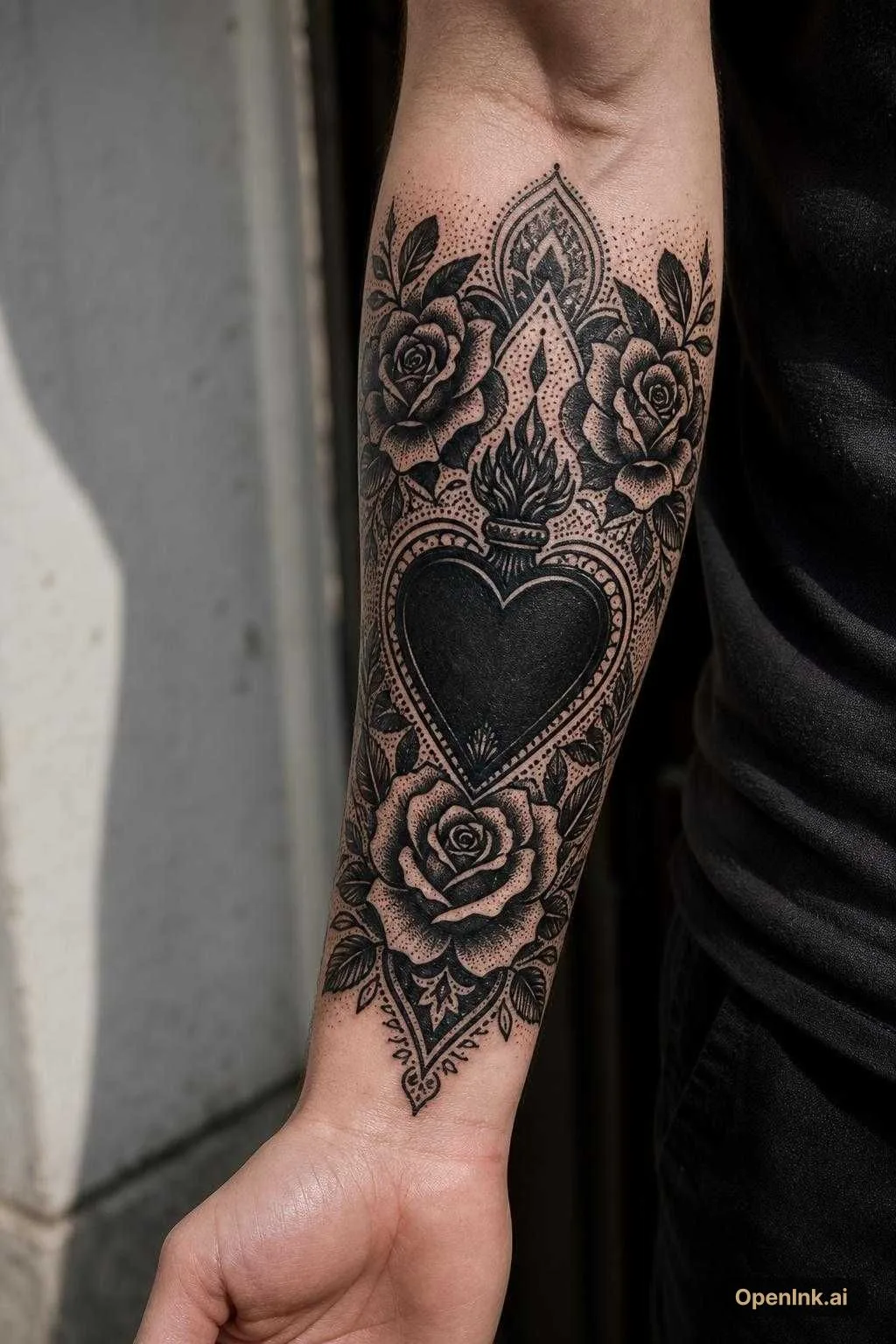 Black heart with roses and dot work