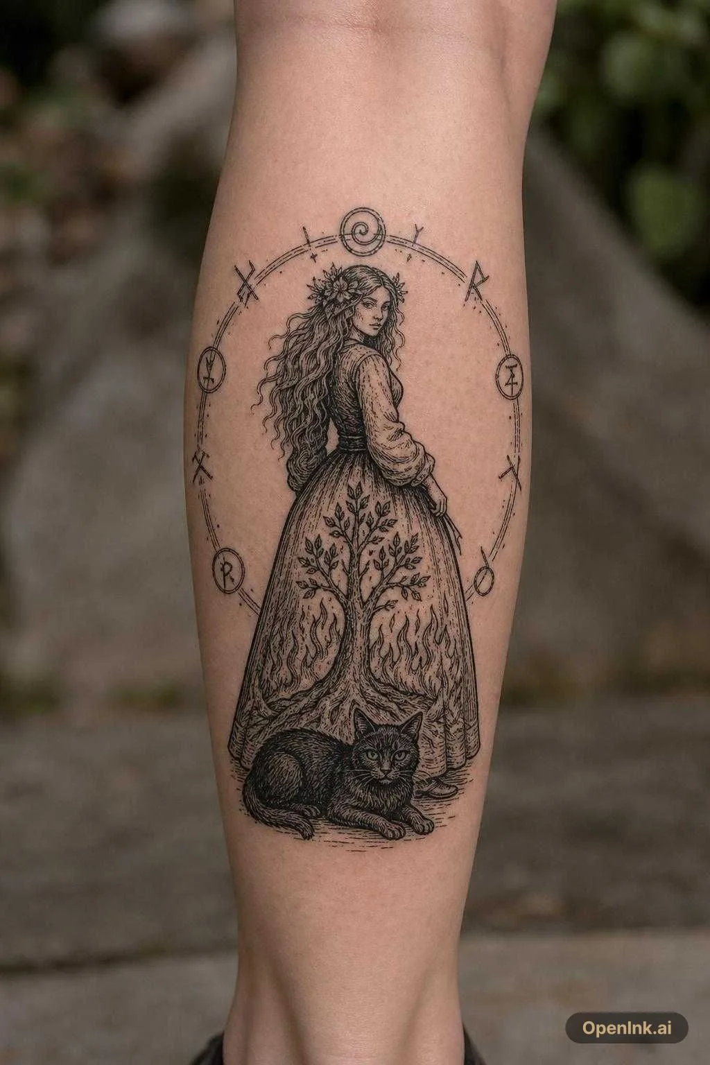 Witсh (young woman) in a beautiful dress with a long, wide skirt, on whic...