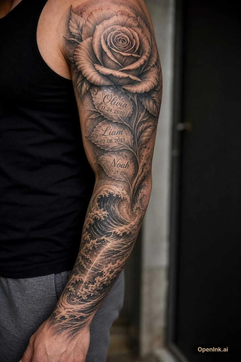 A rose tattoo with a names on the leaves and date of birth underneath the...