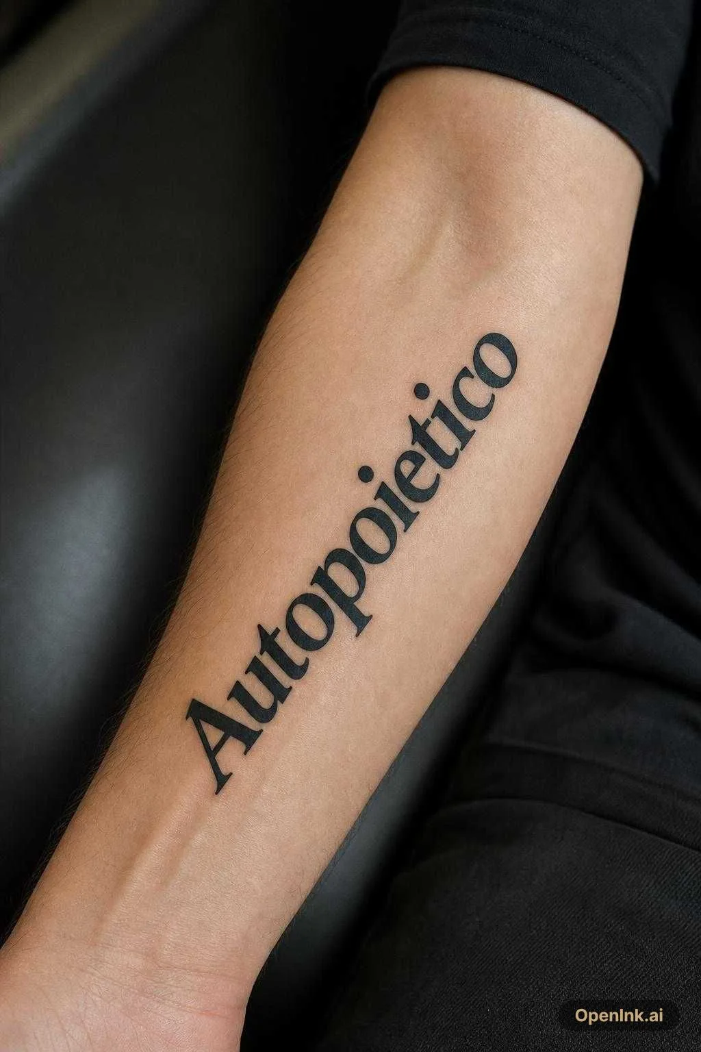 autopoietico, que sea un tatuaje de tipo lettering en el antebrazo, que l...