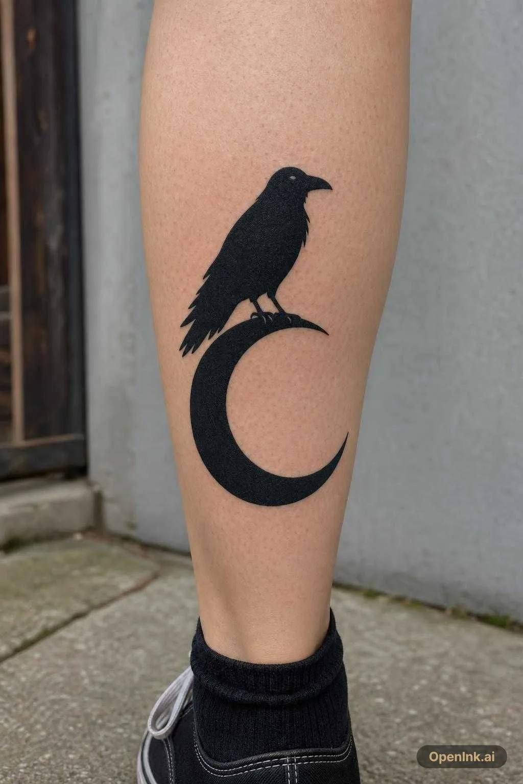 a blackwork raven perched on a crescent moon, clean tattoo composition