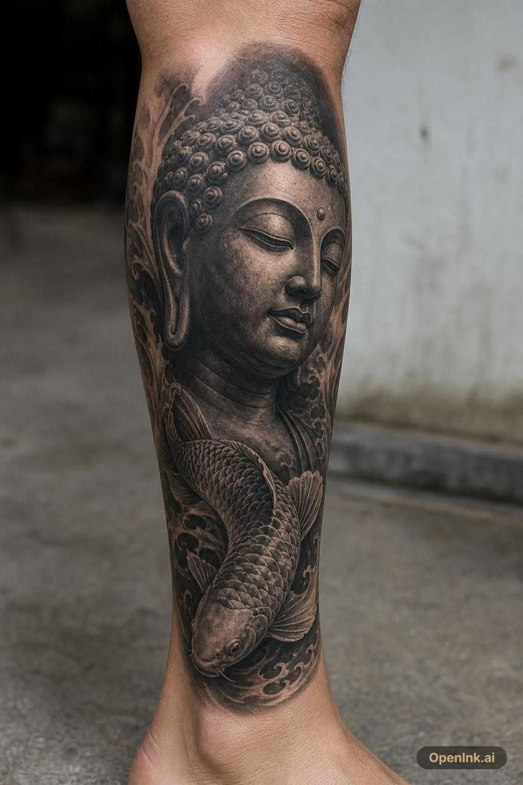Une tête de bouddha avec carpe koi en noir et blanc sur mollet extérieur...