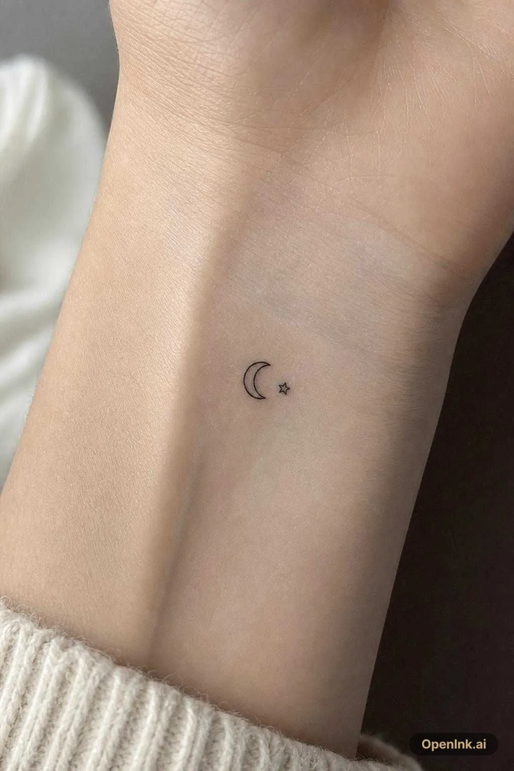 A small minimalist moon and star tattoo, black ink, fine-line style, clea...