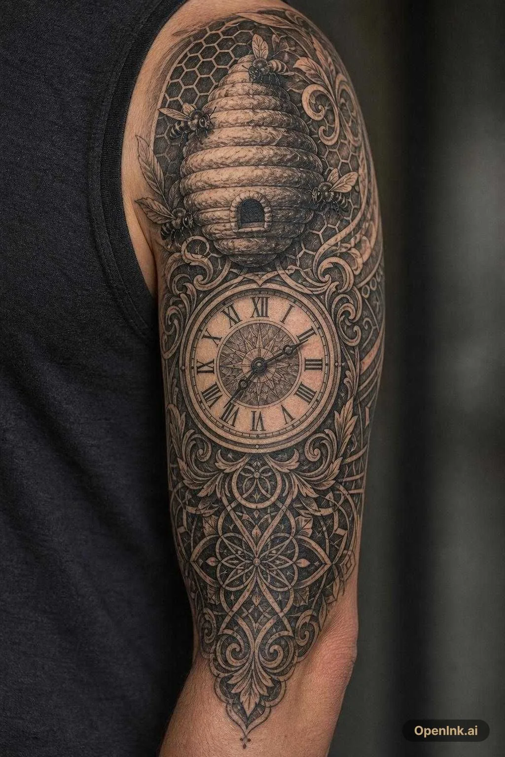 Un tatouage qui part de l'épaule sur tout le bras en noir et blanc Une ru...