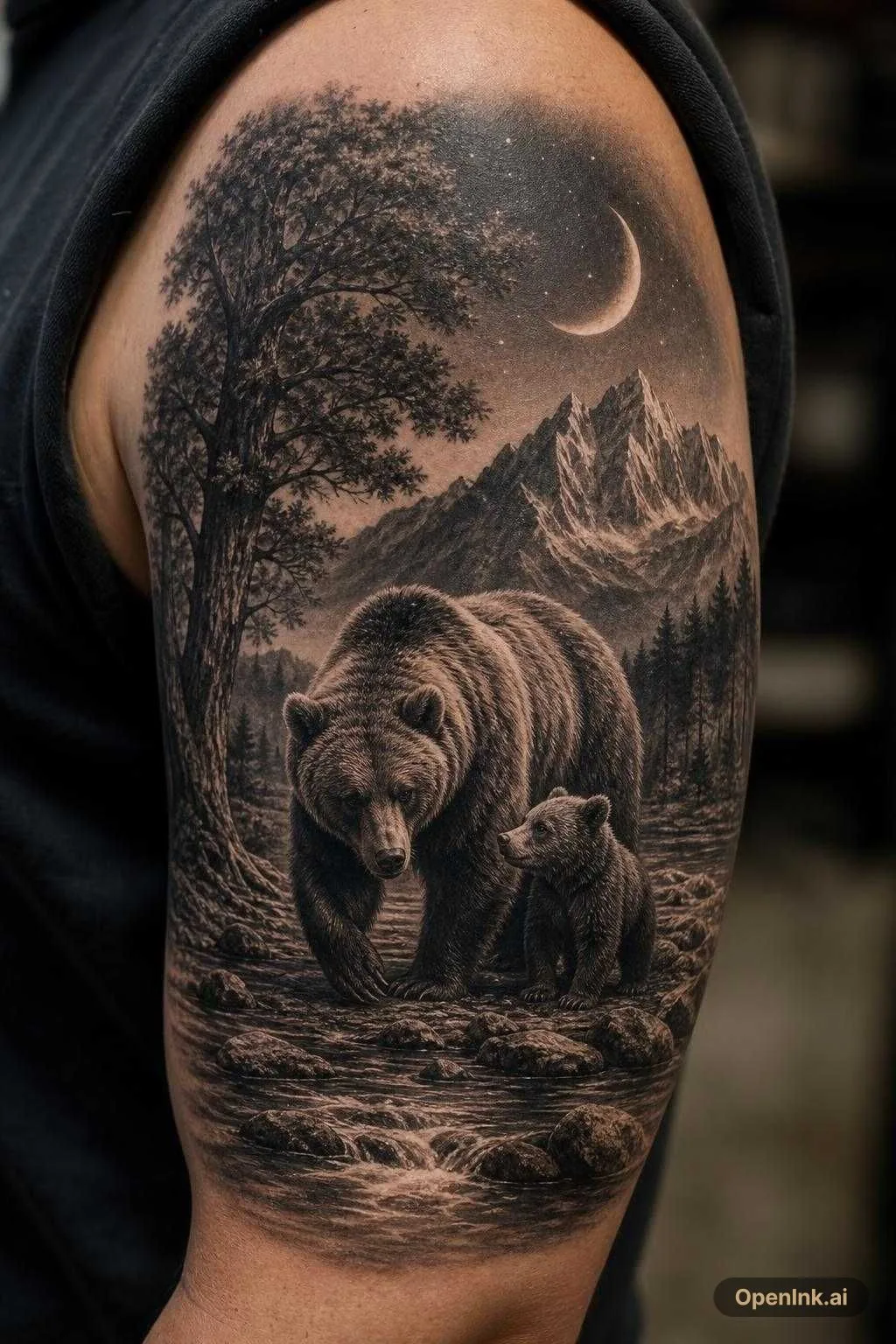 Create a timeless black-and-gray realistic tattoo sketch of an adult griz...