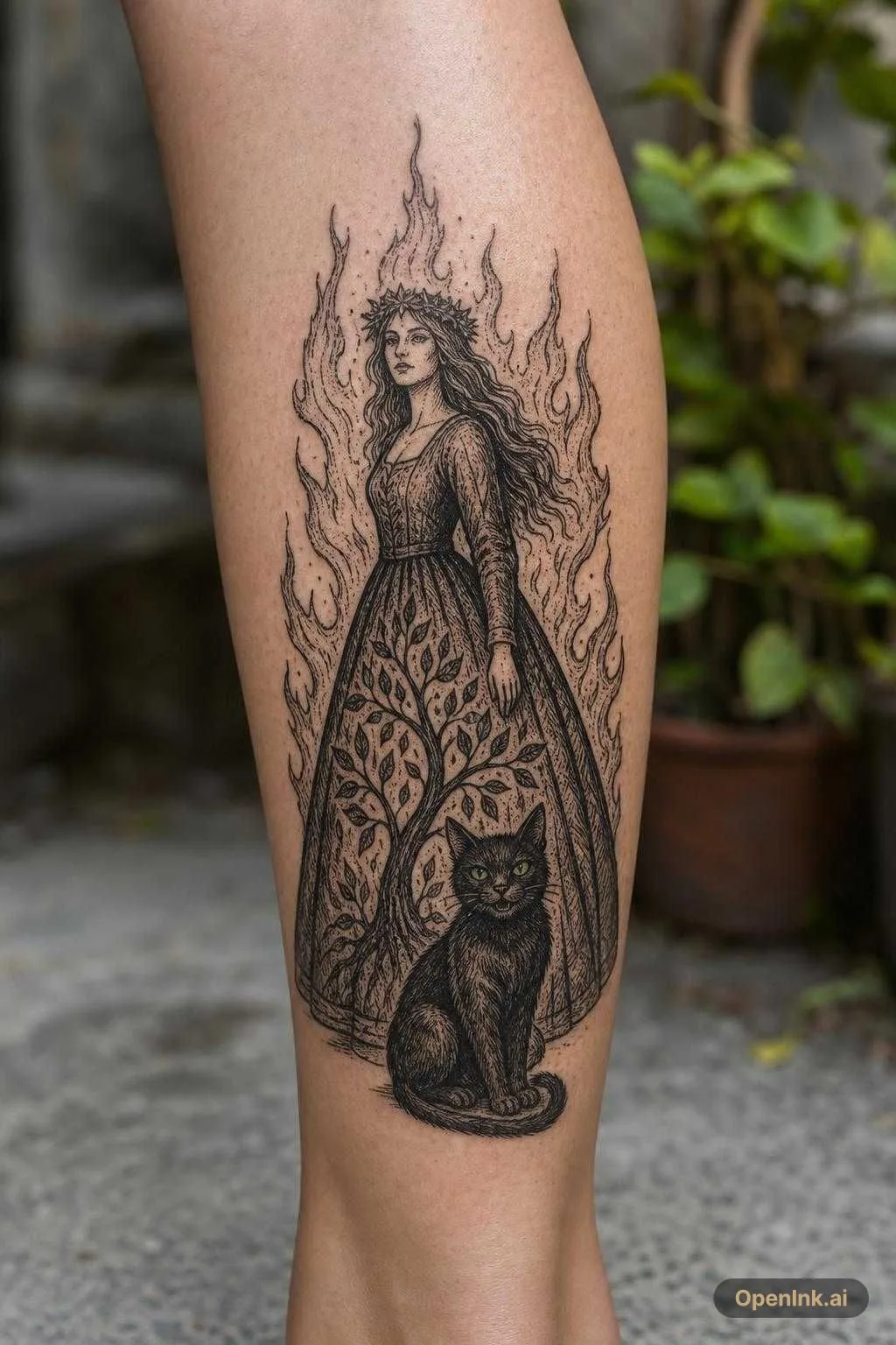Young Witсh with wreath on her head, long hair, in a gorgeous dress with...