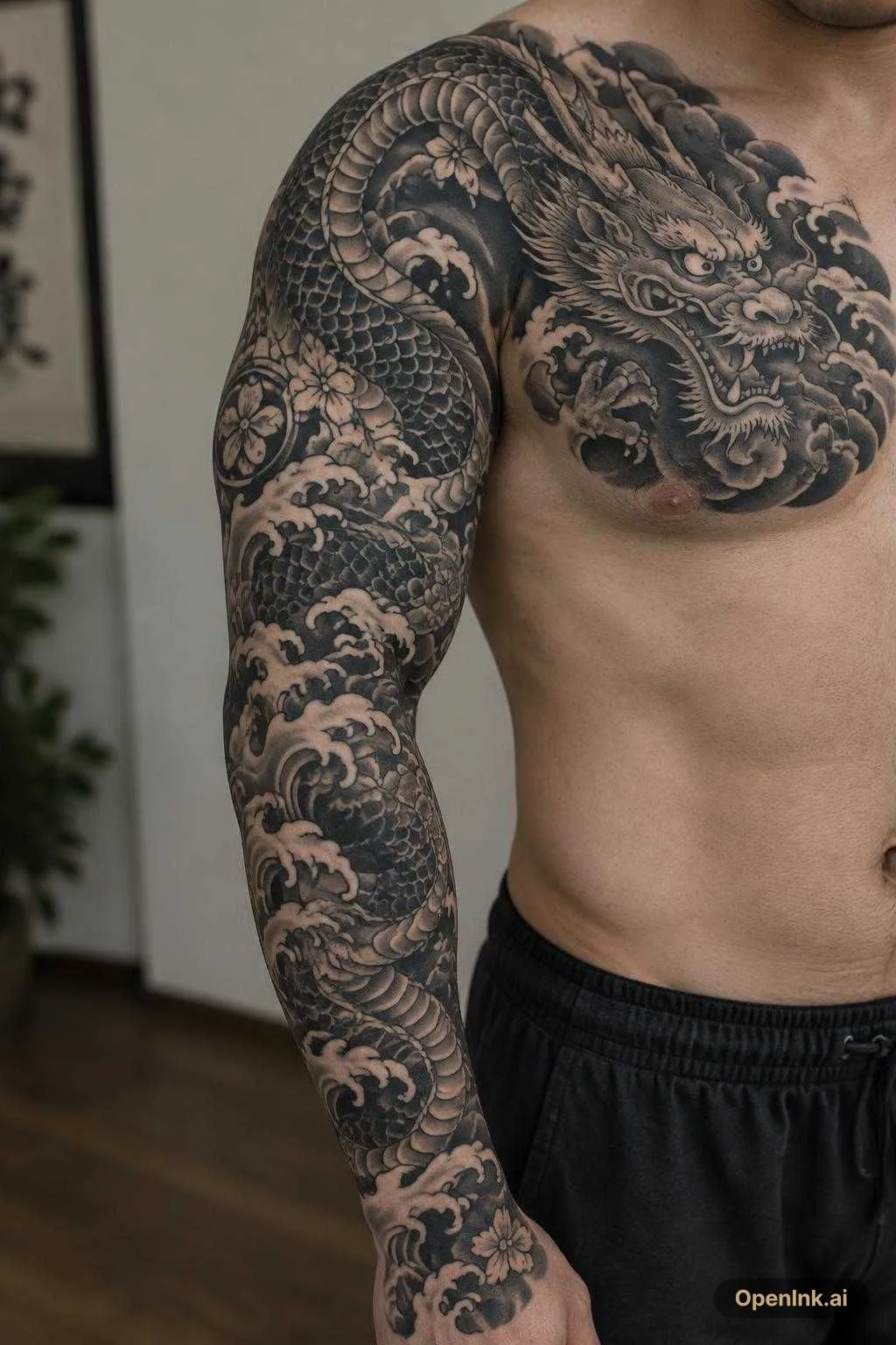 Tatuagem de dragão no estilo tradicional japonês passando por todo braço...