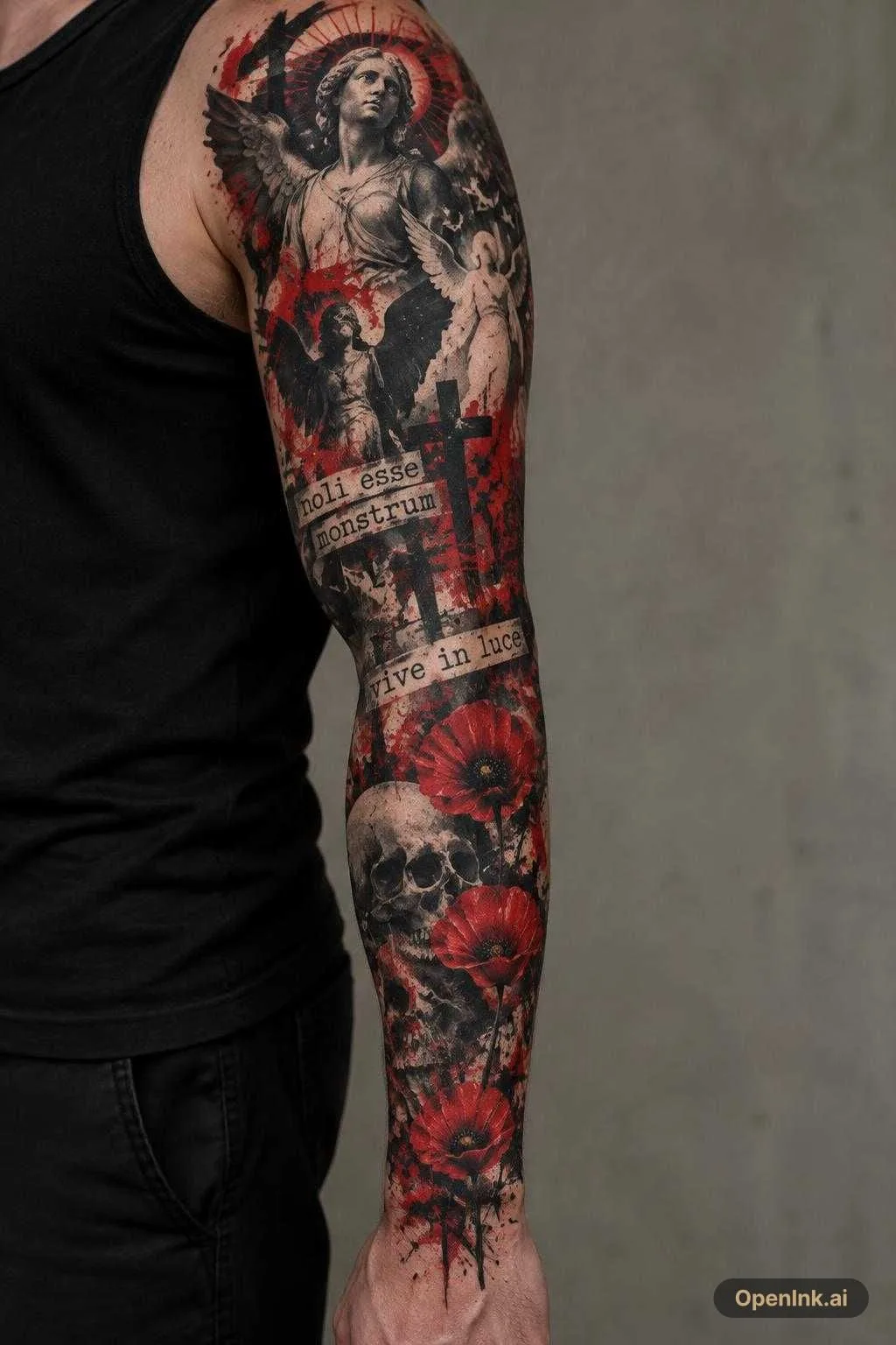 angels and light figures on top of full sleeve with the words of noli ess...