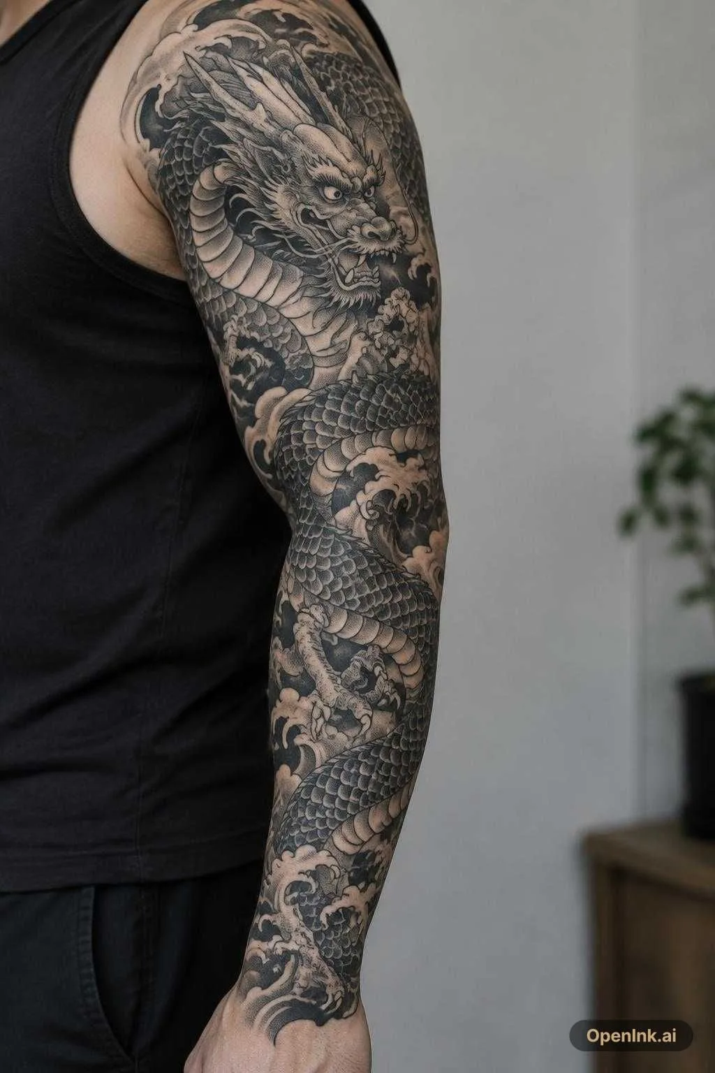 Tatuagem de dragão no estilo tradicional japonês passando por todo braço...