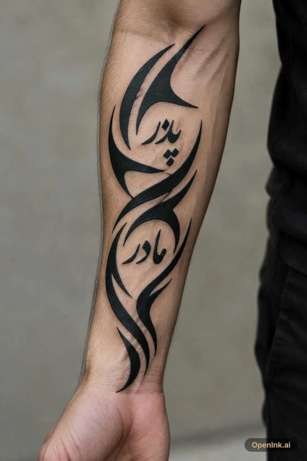 Tattoo incorporating Persian calligraphy for 'Father' and 'Mother' Symbol...