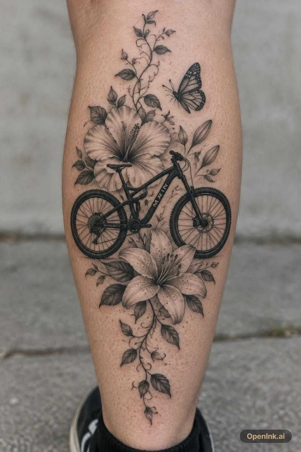 A custom black and grey illustrative calf tattoo design flash template. I...