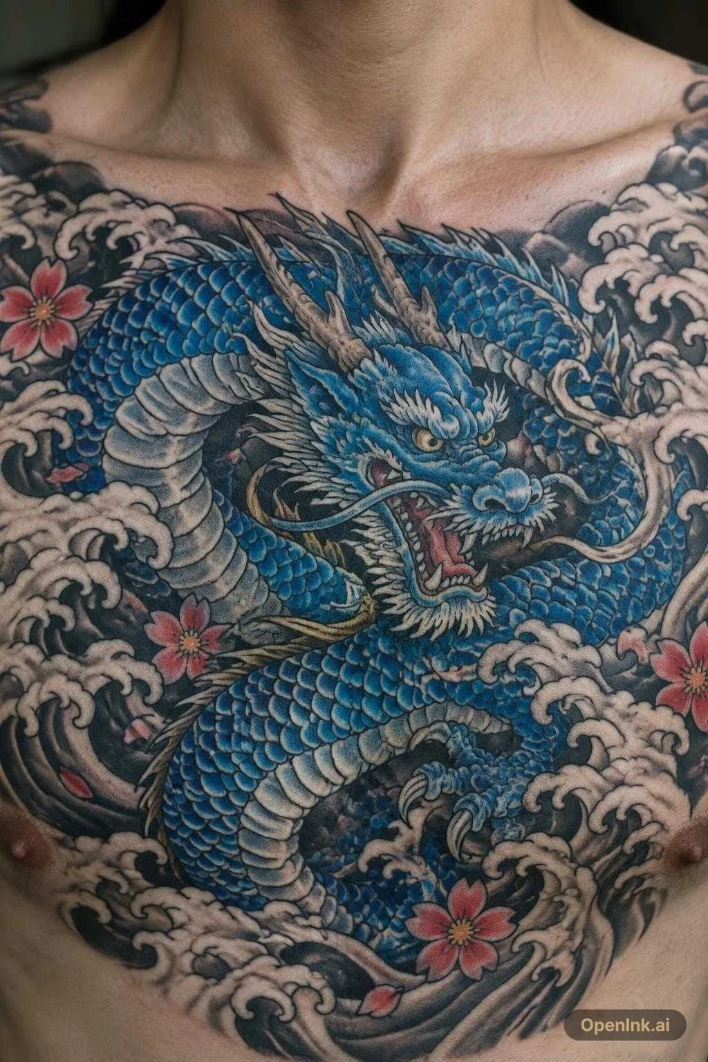 一条凶猛青龙加上几朵花朵和海潮