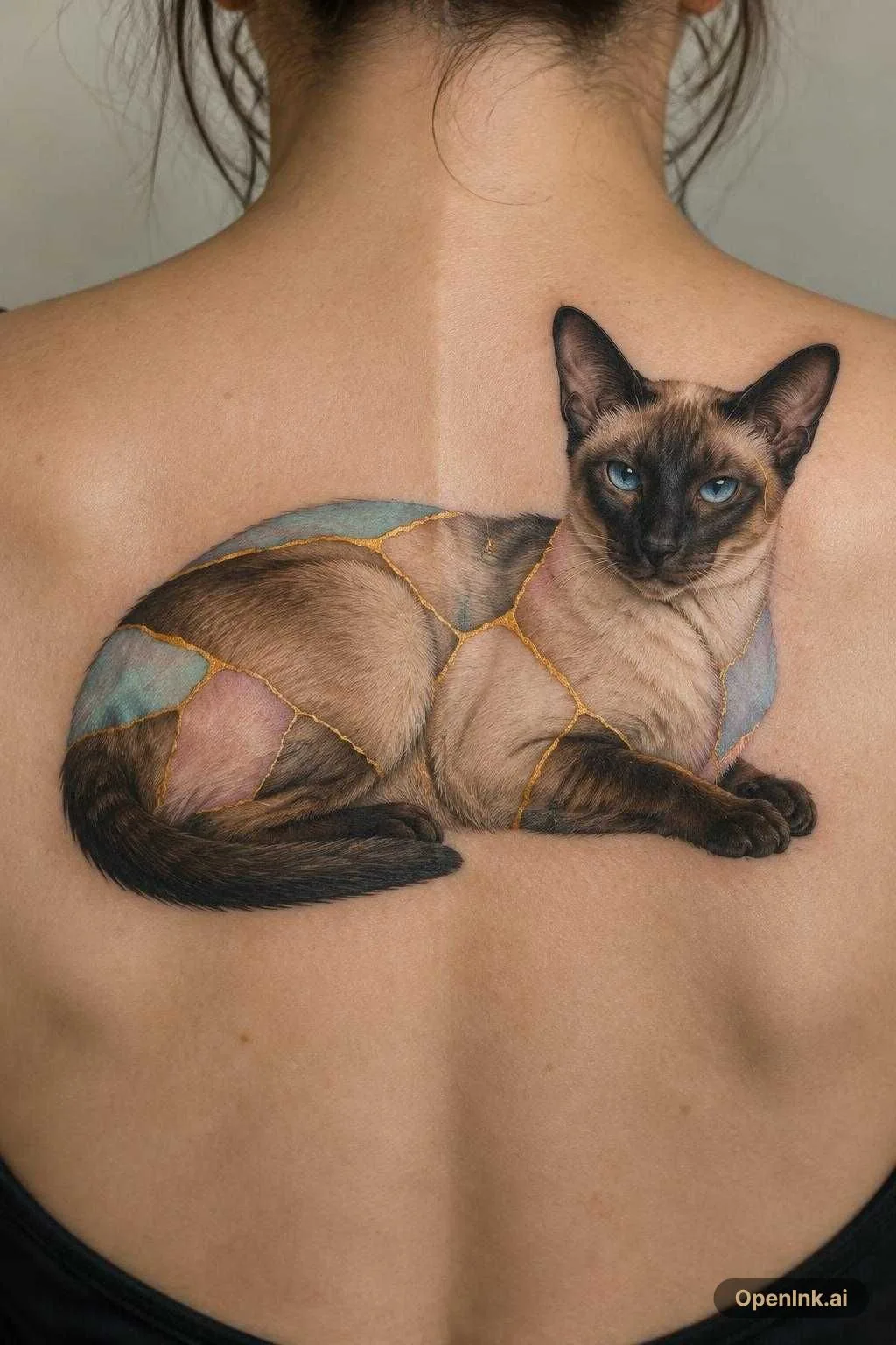Liegende Siamkatze, moderne Züchtung mit schmalem Kopf im Kintsugi-Stil,...