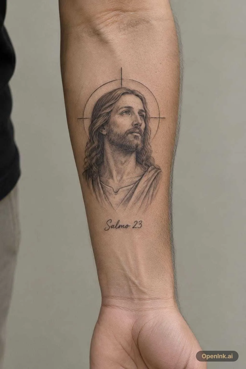 uma tatuagem biblica e cristã, com jesus sendo o ponto principal da tatua...
