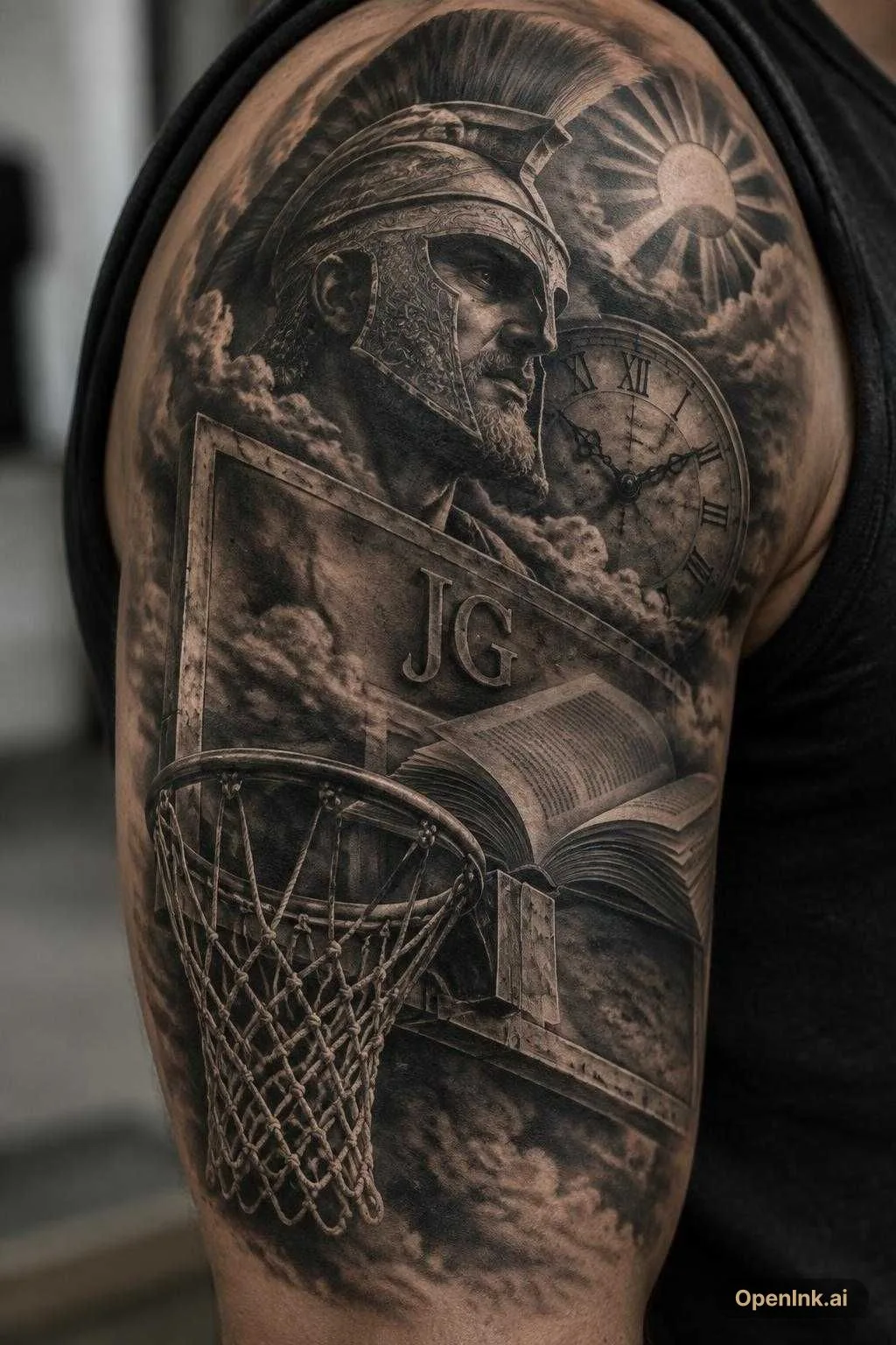 A basketball hoop facing sideways with a large backboard. A roman warrior...