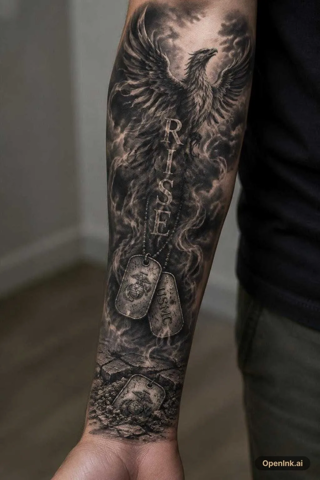 A vertical wrist-to-elbow composition: * Wrist: scattered ash, cracked gr...