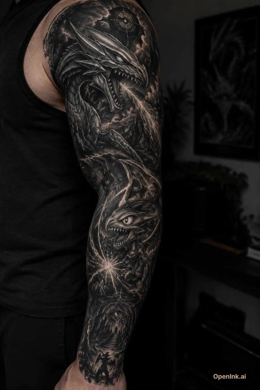 AI tattoo design based on: Two sides to everyone Blue-eyes white dragon and blue eyes toon dragon cr...
