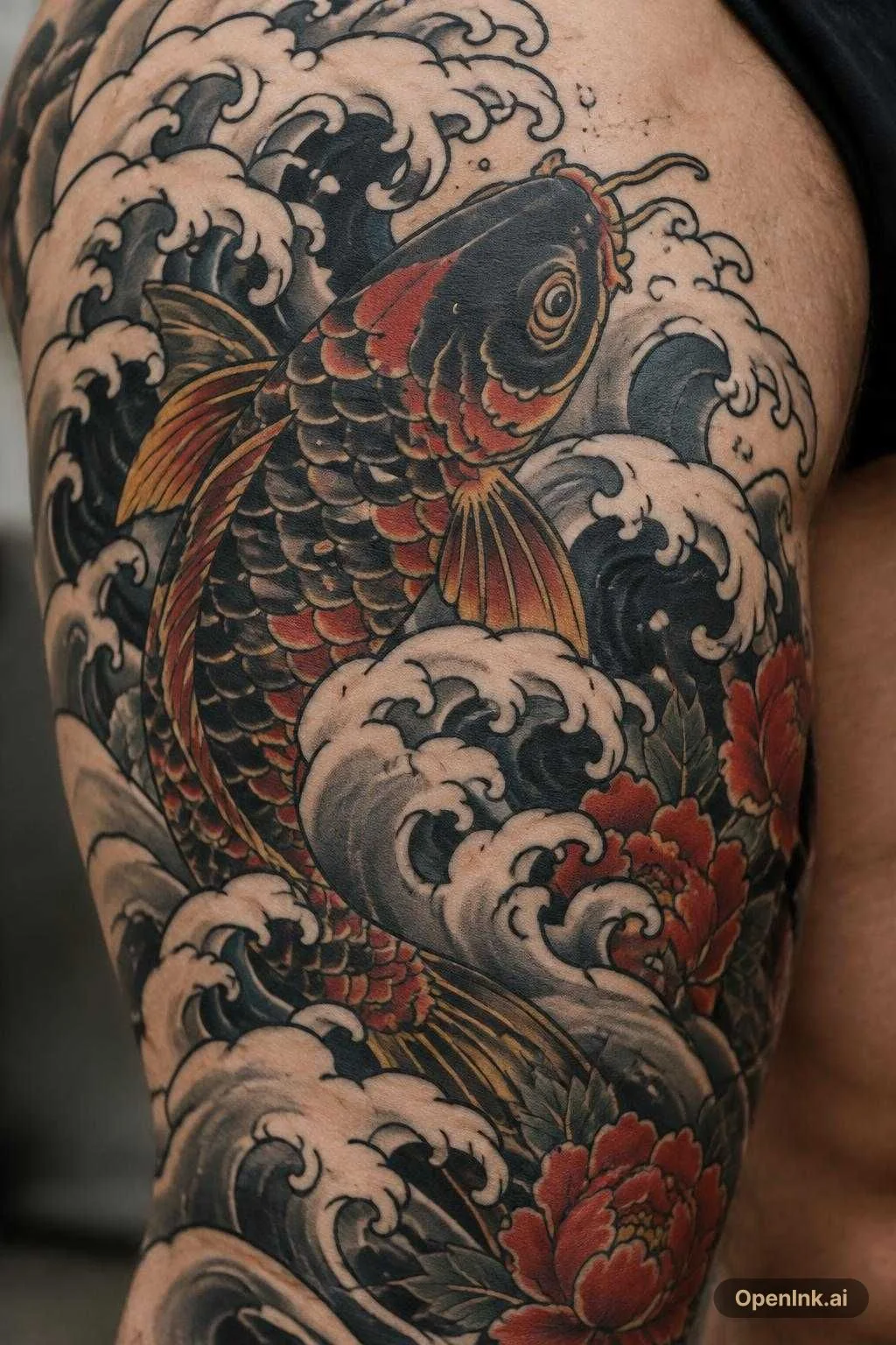 traditionelles Irezumi-Tattoo, kraftvolle fließende Komposition, klassisc...