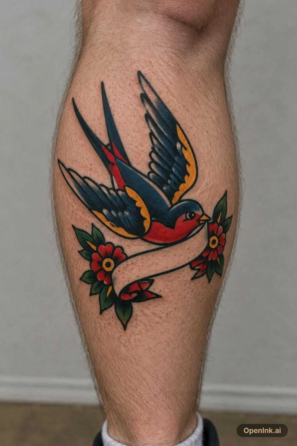 American traditional old school tattoo, bold black outlines, limited red...