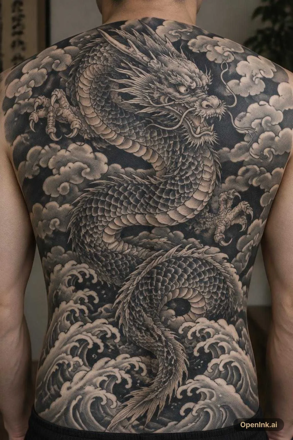 traditional Japanese dragon black and grey with clouds and waves