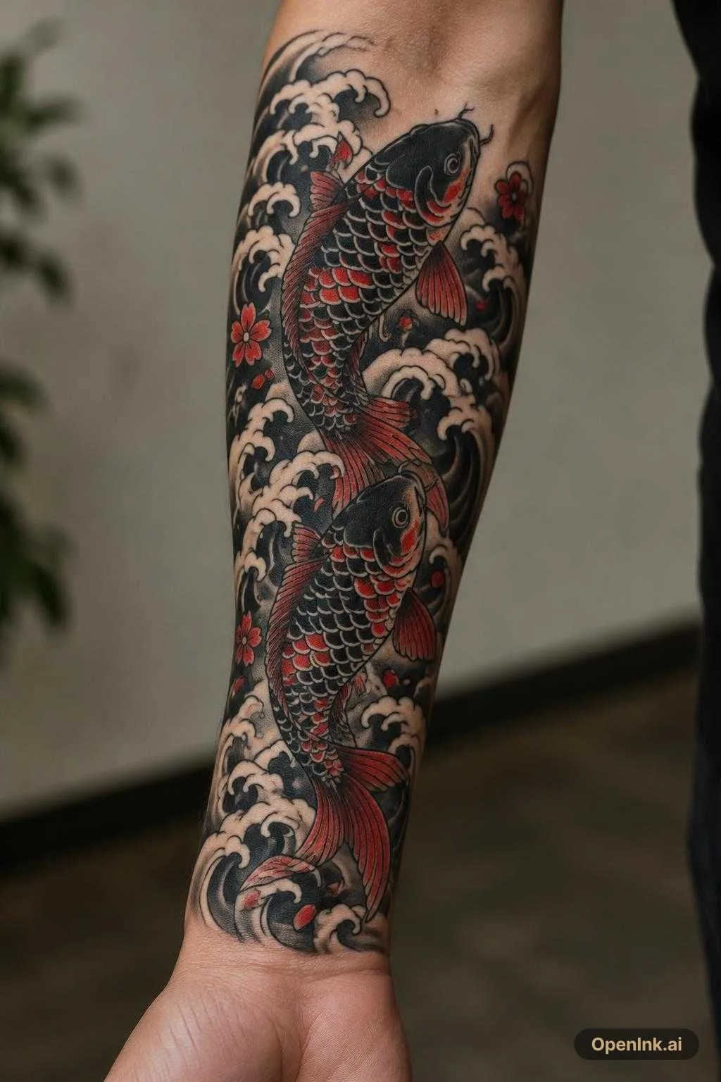 Entwirf ein traditionelles japanisches Koi-Tattoo mit zwei kleinen Kois d...