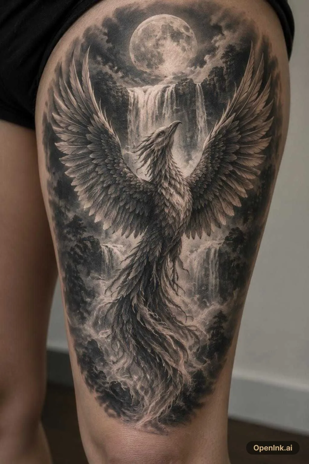Beautiful phoenix with waterfall behind and a full moon
